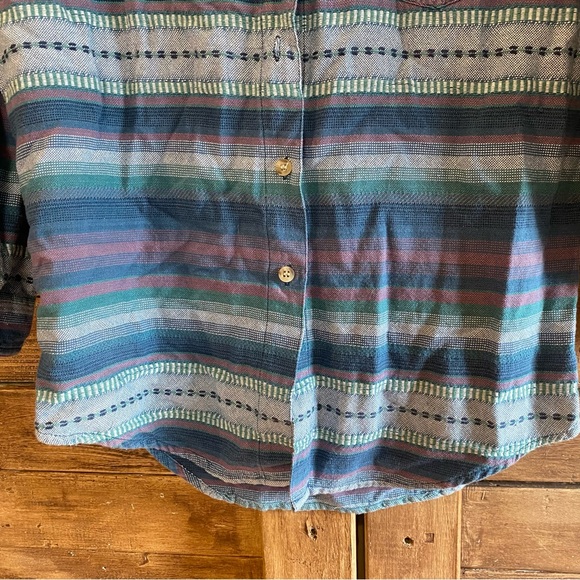 Lemon Grass stripe southwestern Aztec cotton sustainable button down shirt M - Picture 10 of 12